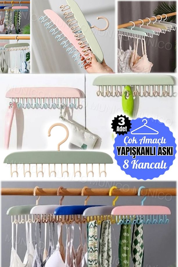 3 Adet 8 Kancalı Şapka Sütyen Şal Elbise Organizeri Kancalı Duvara Yapışabilir Askılık Lif Kese Asma - 9
