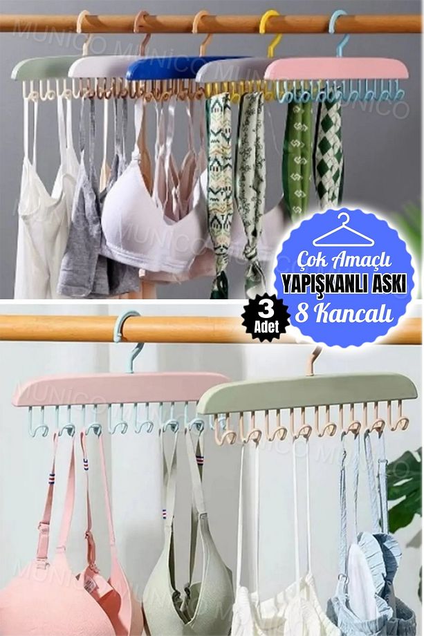 3 Adet 8 Kancalı Şapka Sütyen Şal Elbise Organizeri Kancalı Duvara Yapışabilir Askılık Lif Kese Asma - 5