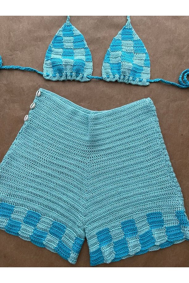 Aislinn Checkered Mavi Yeşil Bikini Şort Takım - 5