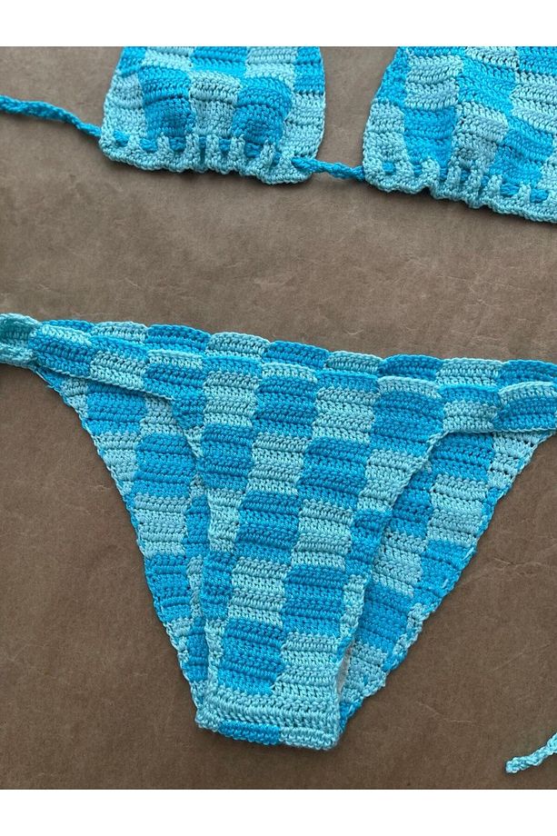Aislinn Checkered Mavi Yeşil Bikini Şort Takım - 3