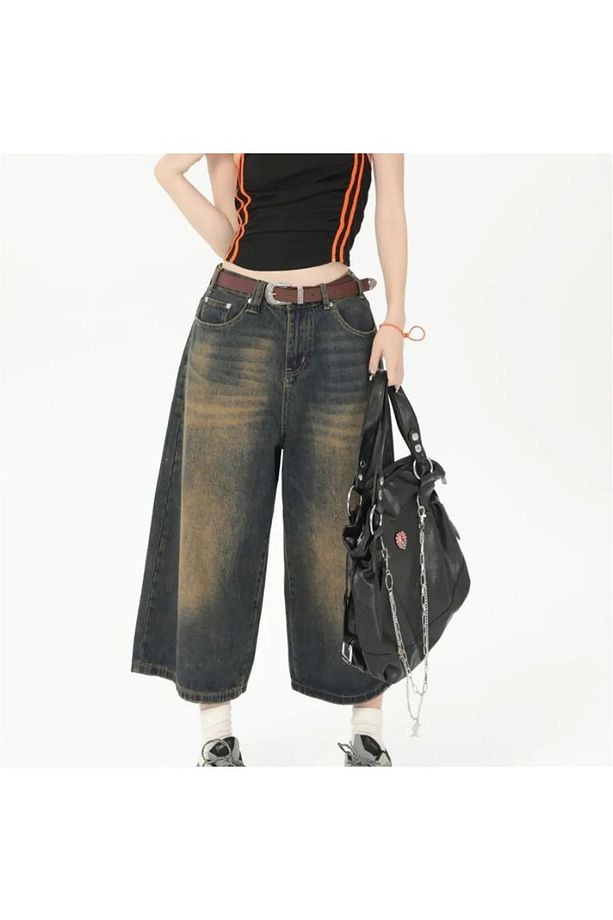 Kahverengi Baggy Oversize Laxed Yıkamalı Unisex Kot Şort - 4
