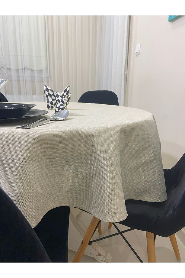 Simli Keten Dertsiz Yuvarlak Masa Örtüsü - 3