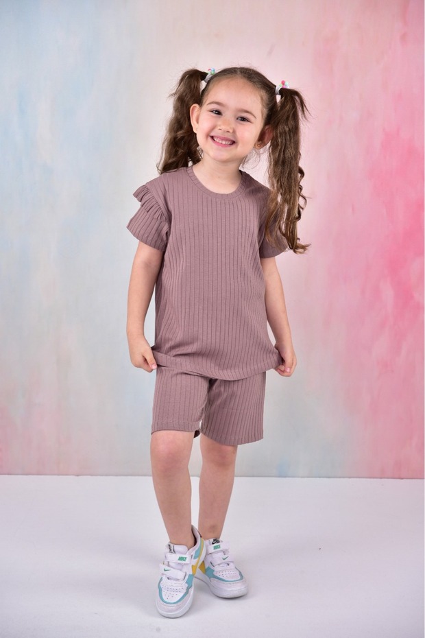Summer Girl's Ruffle Sleeve Ribbed Dried Rose Color Set with Shorts