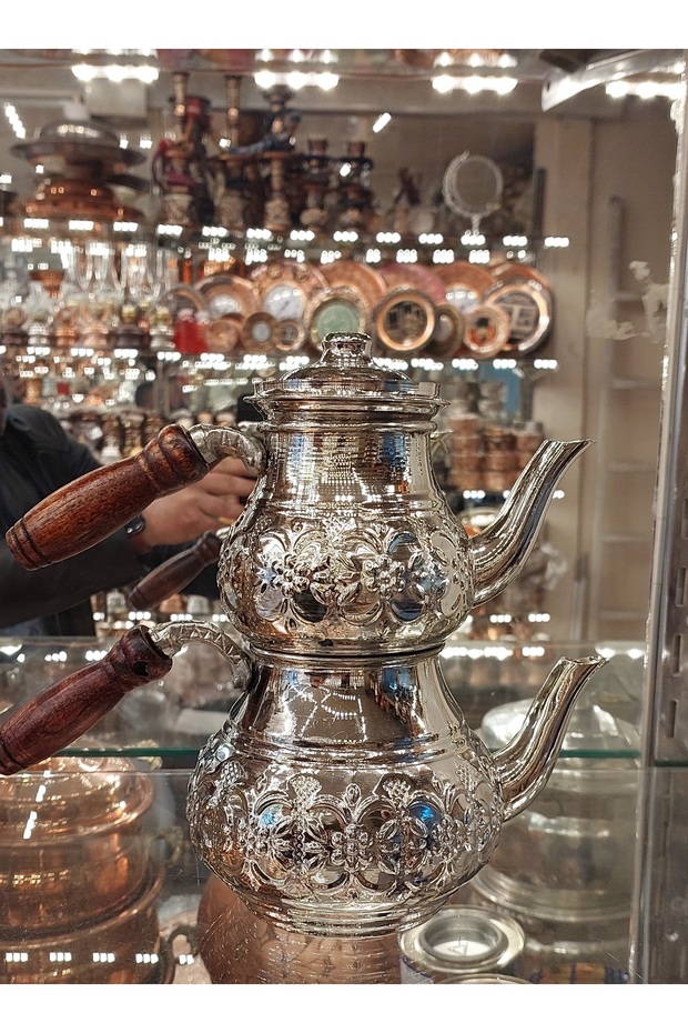 Bakır Çaydanlık & Bakır Demlik El Yapımı Çiçek Desenli Bakır Çaydanlık Küçük Boy - 3