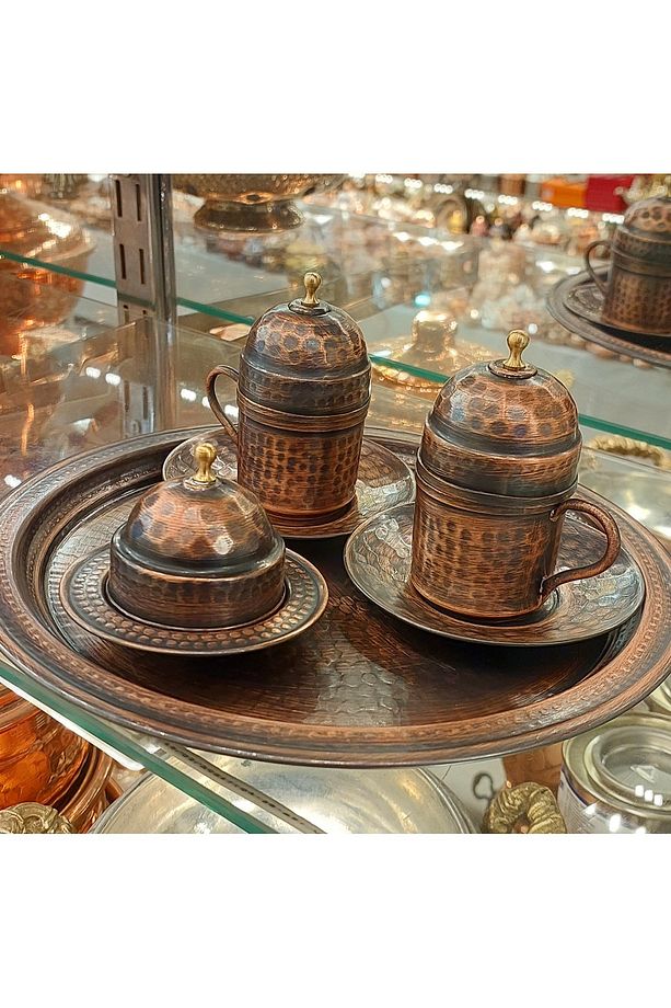 2 Kişilik Fincan Takımı Gümüş - Bakır Osmanlı Dövme Desenli Motifli Türk Kahvesi Kahve Fincanı - 2