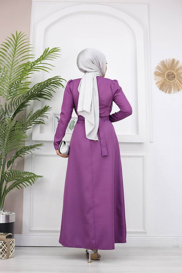Kelebek Krep Elbise - Lila - 5