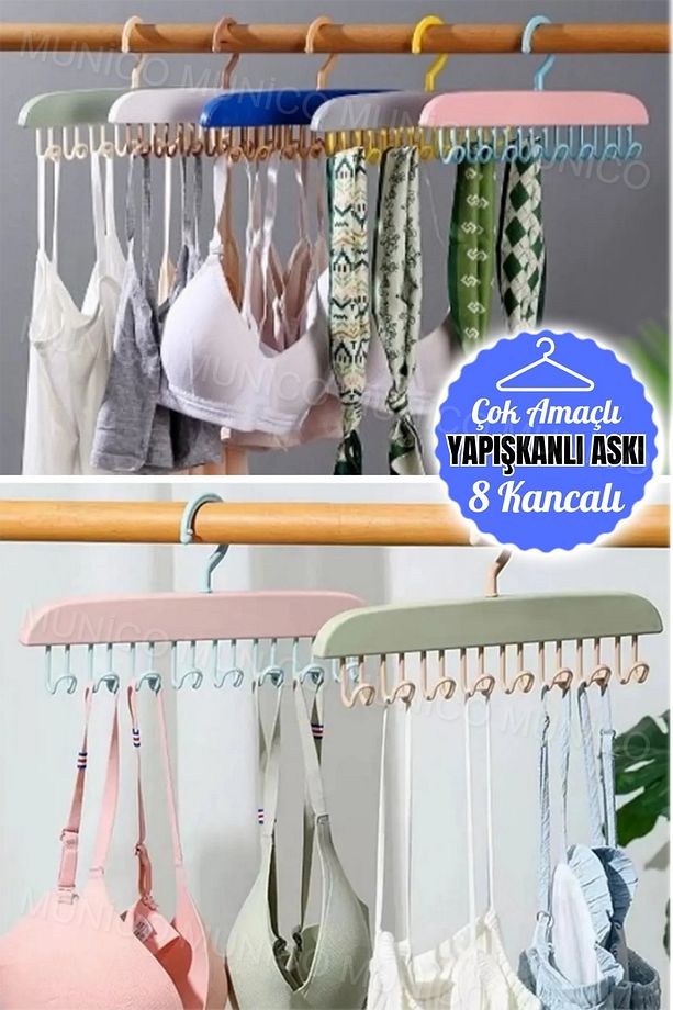 8 Kancalı Şapka Sütyen Şal Elbise Organizeri Kancalı Duvara Yapışabilir Askılık Lif Kese Asma Kalite - 4