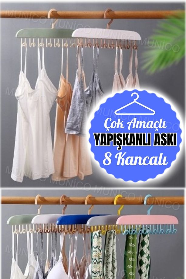 8 Kancalı Şapka Sütyen Şal Elbise Organizeri Kancalı Duvara Yapışabilir Askılık Lif Kese Asma Kalite - 3