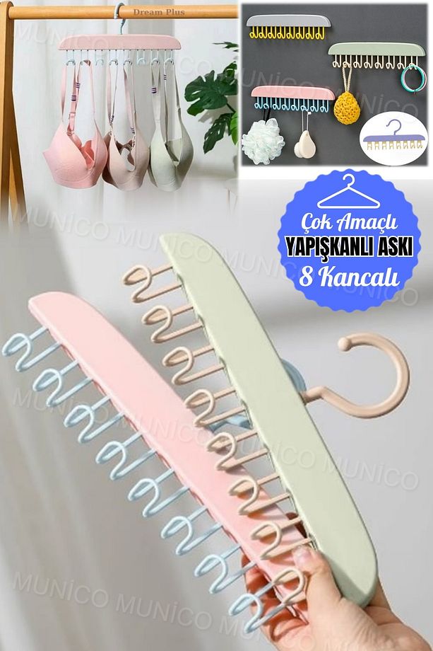 8 Kancalı Şapka Sütyen Şal Elbise Organizeri Kancalı Duvara Yapışabilir Askılık Lif Kese Asma Kalite - 1
