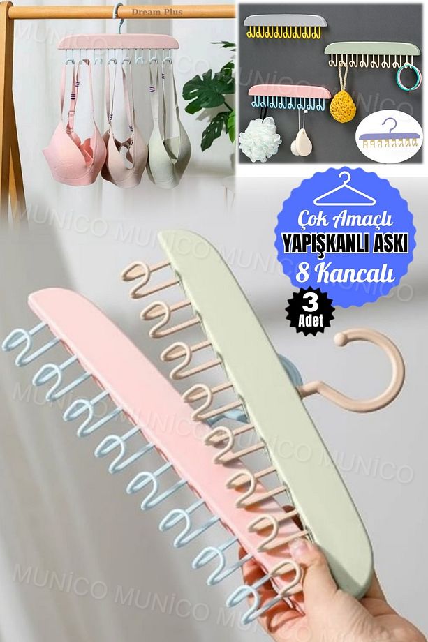 3 Adet 8 Kancalı Şapka Sütyen Şal Elbise Organizeri Kancalı Duvara Yapışabilir Askılık Lif Kese Asma - 1