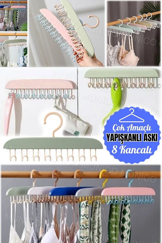 8 Kancalı Şapka Sütyen Şal Elbise Organizeri Kancalı Duvara Yapışabilir Askılık Lif Kese Asma Kalite - 5