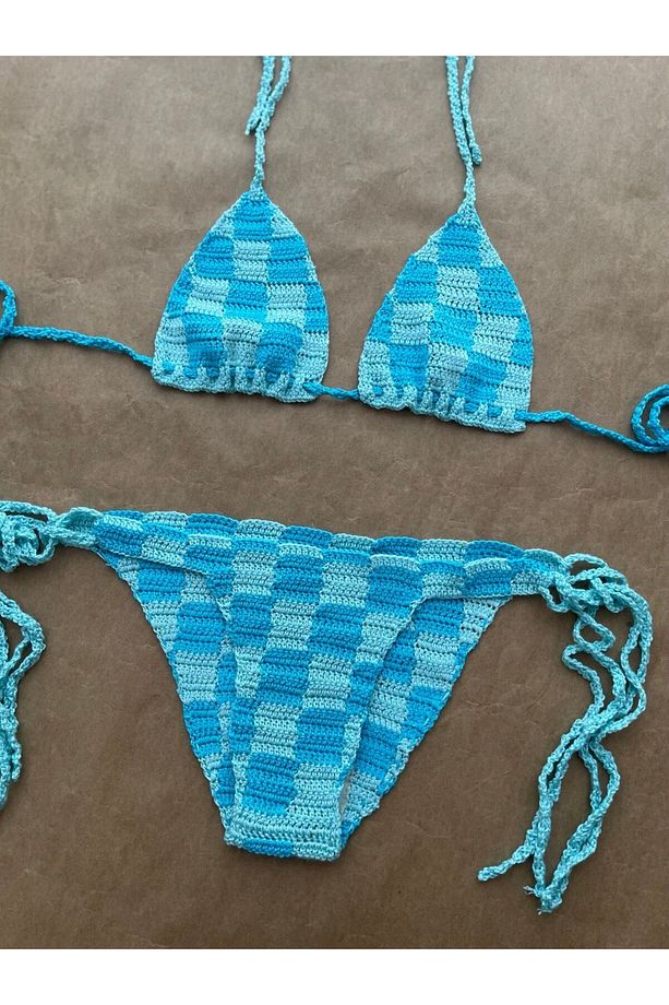 Aislinn Checkered Mavi Yeşil Bikini Şort Takım - 2