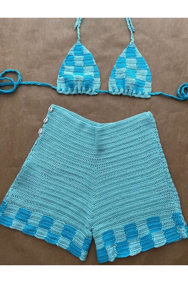 Aislinn Checkered Mavi Yeşil Bikini Şort Takım - 7