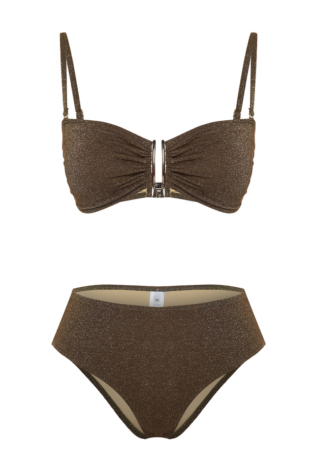 Kahverengi Simli Aksesuarlı Straplez Kaplı Regular Yüksek Bel Bikini Takımı TBESS24BT00054 - 6