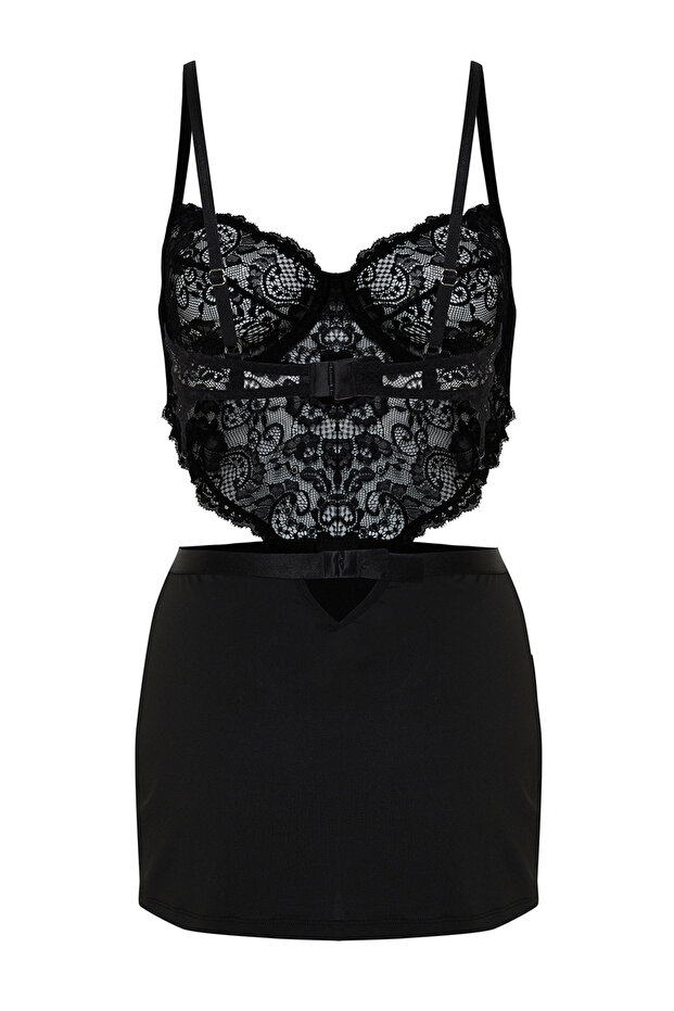 Siyah Dantelli İp Askılı Örme Babydoll/Fantezi Gecelik THMSS24CY00001 - 8