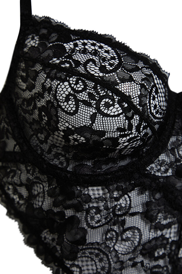 Siyah Dantelli İp Askılı Örme Babydoll/Fantezi Gecelik THMSS24CY00001 - 7