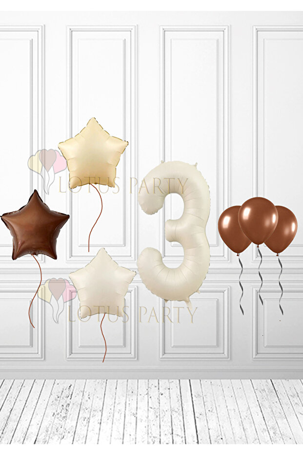 3 Years Old Bohemian Retro Mini Birthday Party Set - Beige, Cream, Brown, Star, Cream Number Balloons