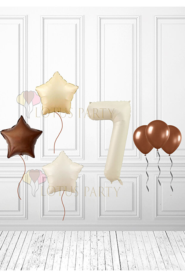7th Birthday Bohemian Retro Mini Birthday Party Set - Beige, Cream, Brown, Star, Cream Number Balloons