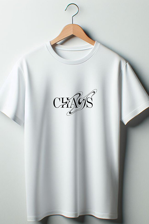 Chaos Letter Printed Oversize Wide Mold Unisex Crew Neck White Tshirt