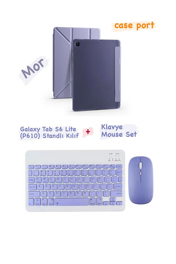 Galaxy Tab S6 Lite (P610) Uyumlu Bluetooth Klavye Mouse Set Standlı Kılıf - 1
