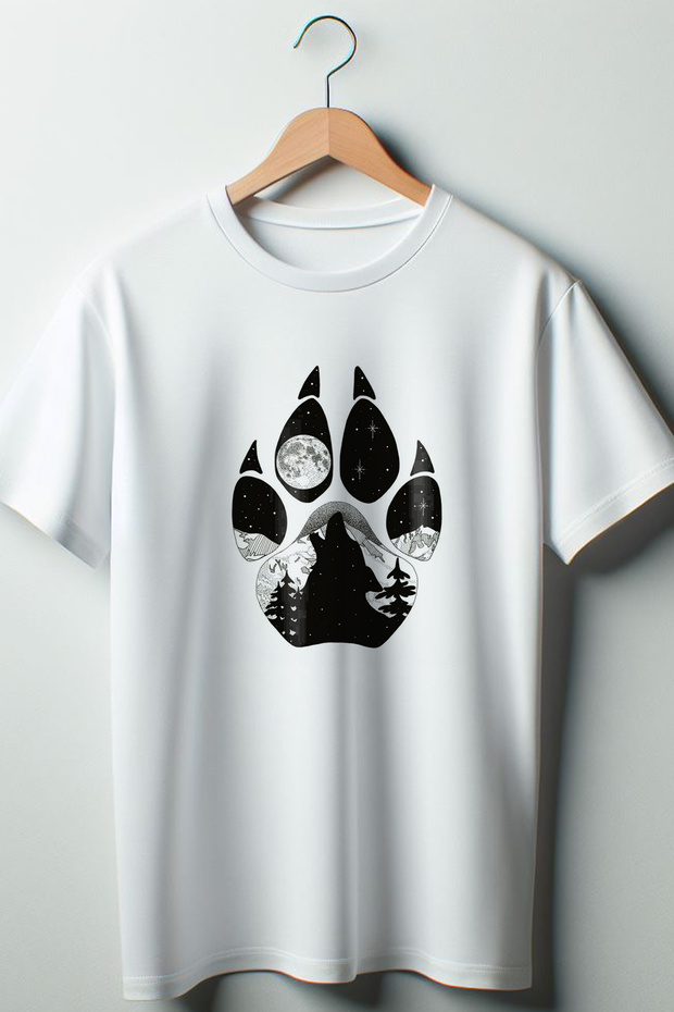 Paw Wolf Printed Oversize Wide Mold Unisex Crew Neck White Tshirt