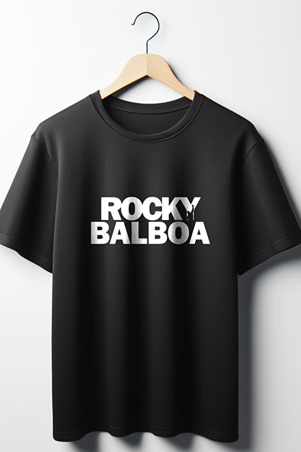 Rocky Balboa Letter Printed Oversize Wide Mold Unisex Crew Neck Black Tshirt
