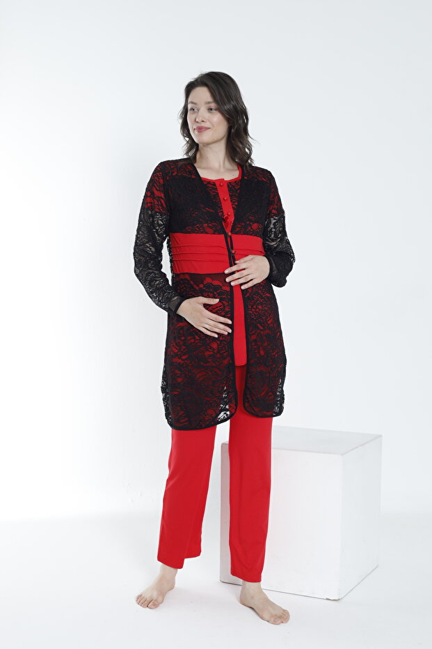 Short Sleeve Maternity and Maternity Pajama Set with Lace Dressing Gown