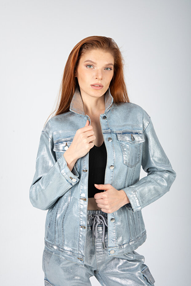 Varak baskılı denim ceket - 6