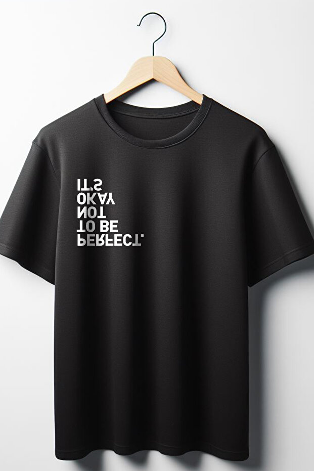 Reverse Text Printed Oversize Wide Fit Unisex Crew Neck Black Tshirt