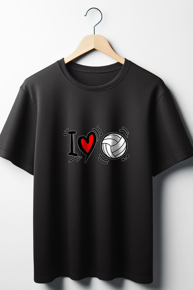 Volleyball Printed Oversize Wide Mold Unisex Crew Neck Black Tshirt