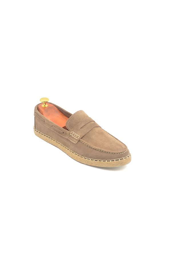 Bej Süet Deri Loafer Hasır Taban Erkek Espadril - 4