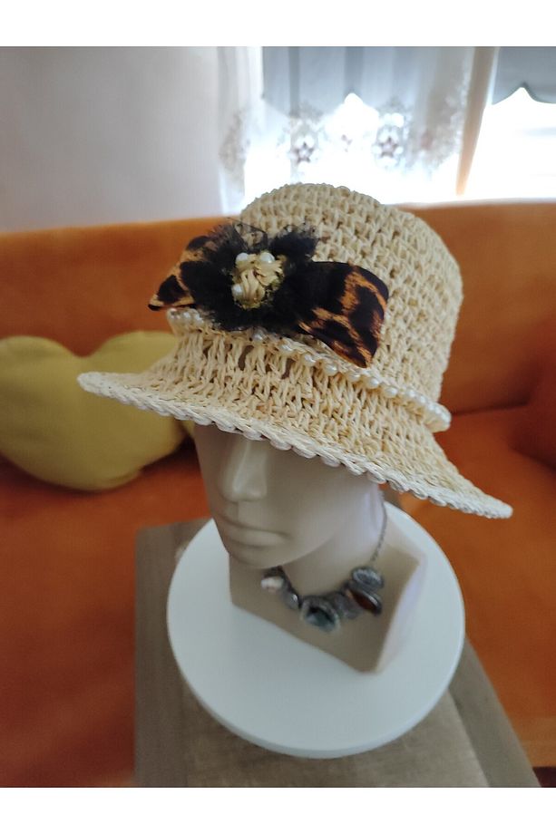 El Örgüsü Yazlıık Kağıt Ip Kurdele Leopar Desen Süslü Şapka - 5