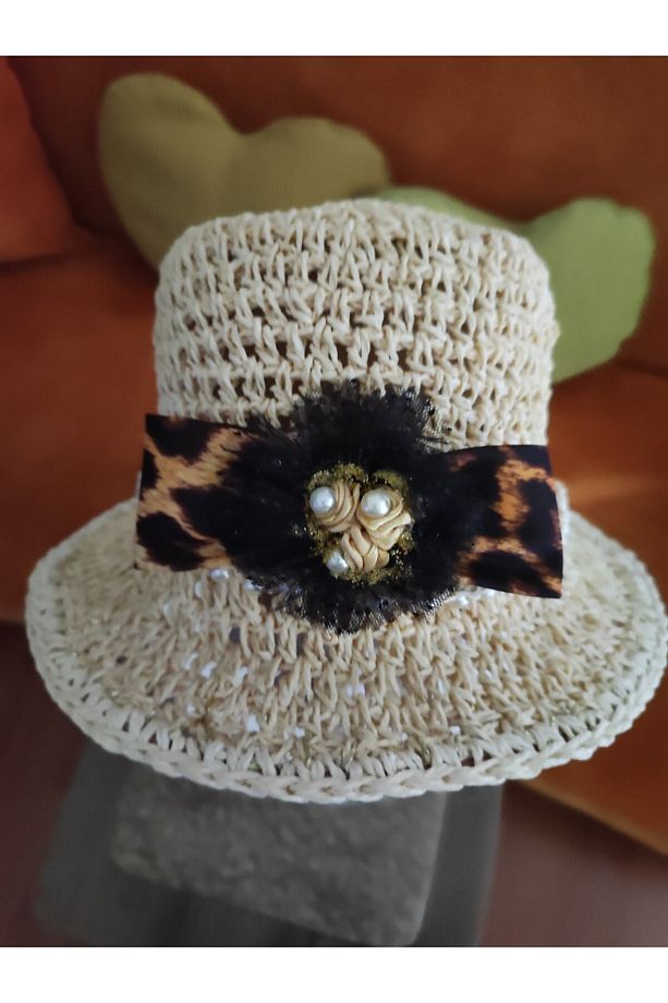 El Örgüsü Yazlıık Kağıt Ip Kurdele Leopar Desen Süslü Şapka - 2