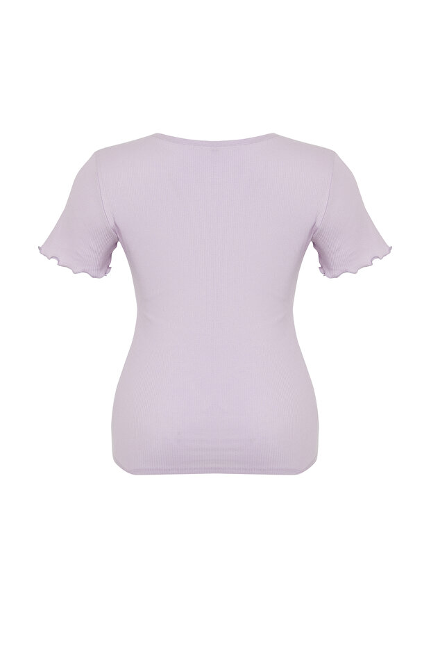 Lila Kaşkorse %100 Pamuk Fitilli Örme Büyük Beden Bluz TBBSS24AF00108 - 8