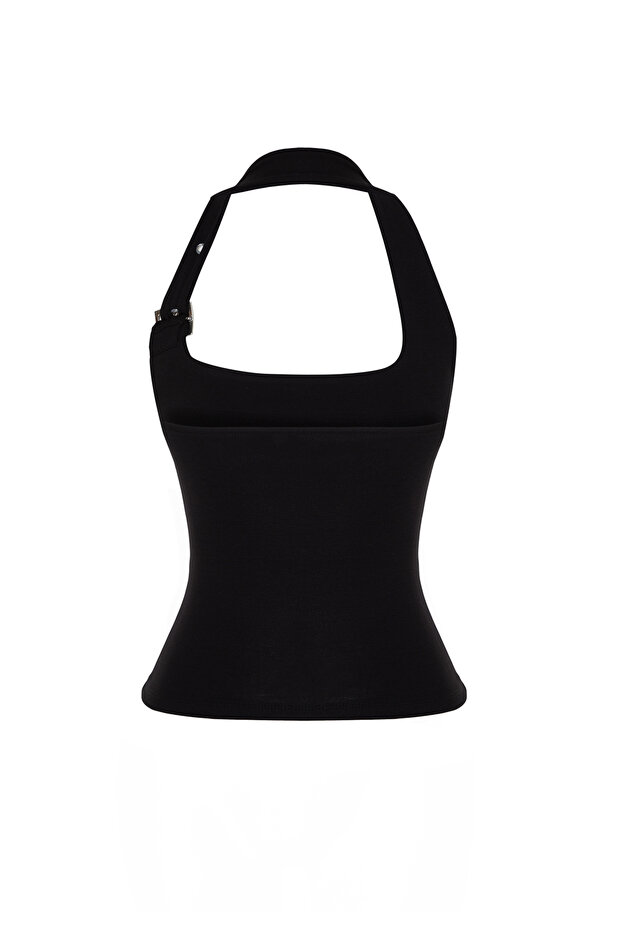 Siyah Boyundan Bağlamalı Kemer Detaylı Fitted/Vücuda Oturan Örme Bluz TWOSS24BZ00580 - 8