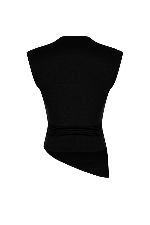 Siyah Dik Yaka Büzgü/Drape Detaylı Fitted/Vücuda Oturan Asimetrik Örme Bluz TWOSS24BZ00534 - 8