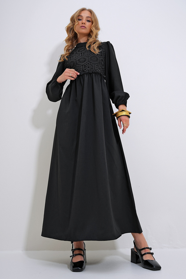 Women's Black Stand Collar Crochet Braided Back Zipper Woven Dress ALC-X12025
