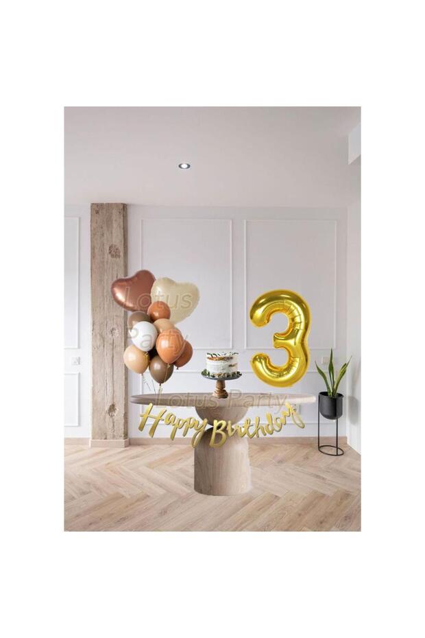 3 Years Old Skin Color Brown Heart Foil Balloon Gold Number Balloon Gold Happy - Mini Birthday Set