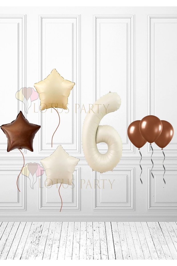 6th Birthday Bohemian Retro Mini Birthday Party Set - Beige, Cream, Brown, Star, Cream Number Balloons