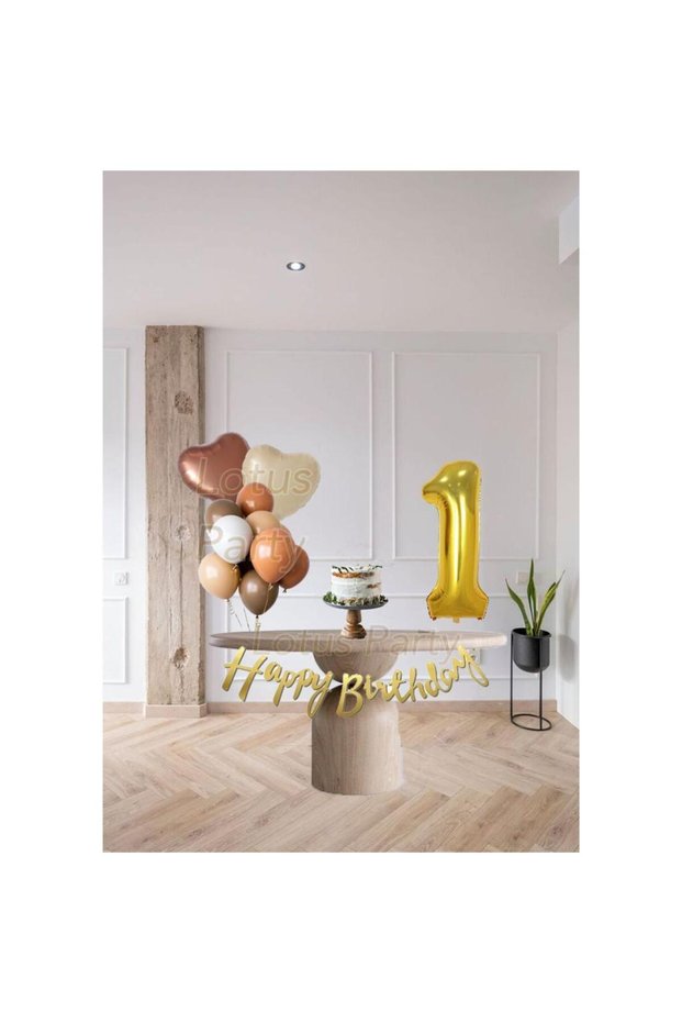 1 Year Old Nude Brown Heart Foil Balloon Gold Number Balloon Gold Happy - Mini Birthday Set