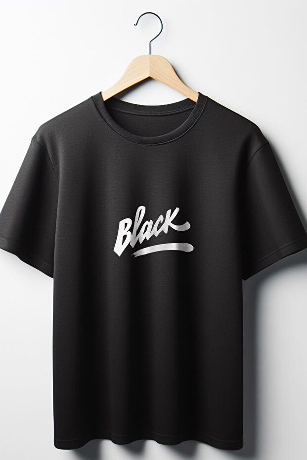 Black Text Printed Oversize Wide Mold Unisex Crew Neck Black Tshirt
