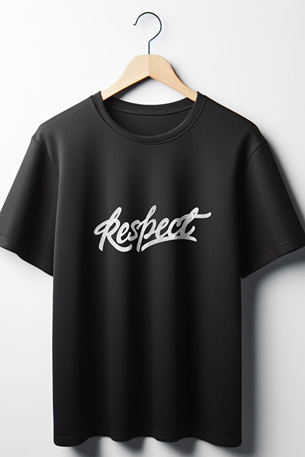 Respect Text Printed Oversize Wide Mold Unisex Crew Neck Black Tshirt