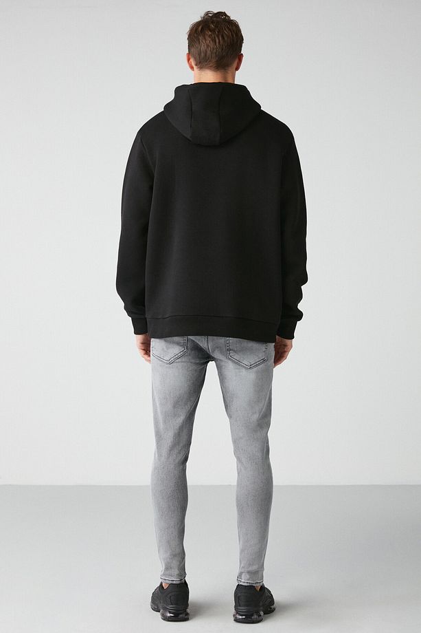 Draco Erkek Yumuşacık Kumaşlı Örme 3 Iplik Oversize Kapüşonlu Kanguru Cepli Siyah Sweatshirt - 5