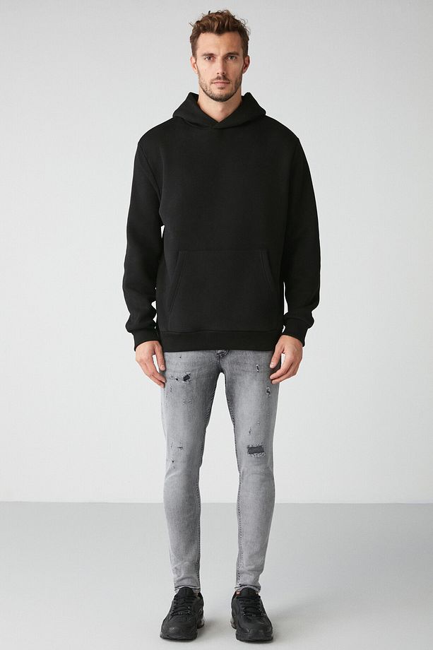 Draco Erkek Yumuşacık Kumaşlı Örme 3 Iplik Oversize Kapüşonlu Kanguru Cepli Siyah Sweatshirt - 4