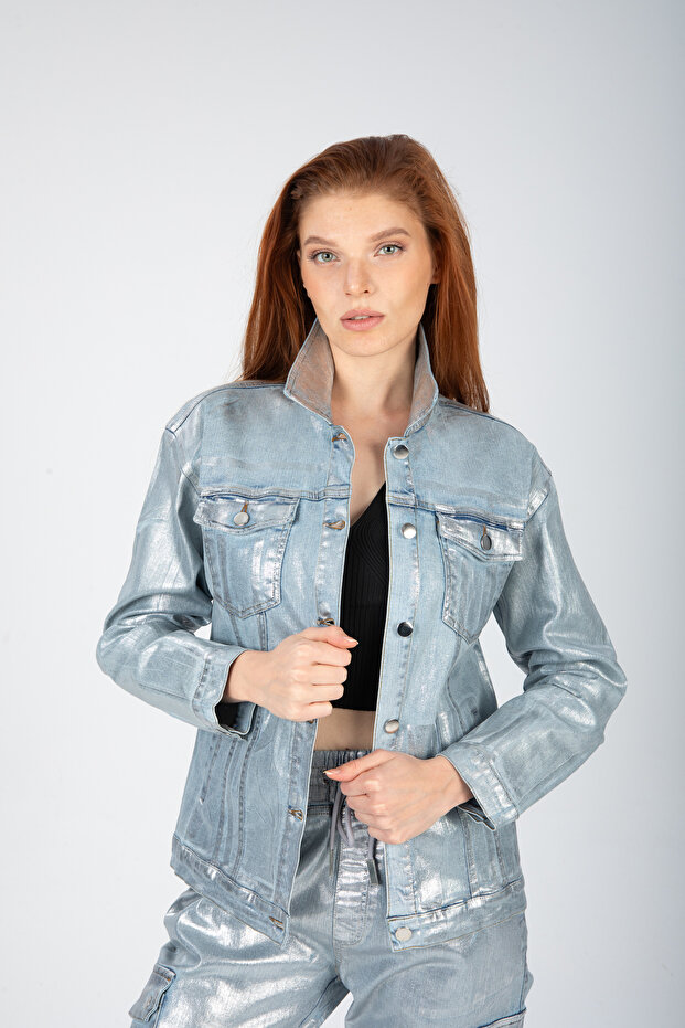 Varak baskılı denim ceket - 4