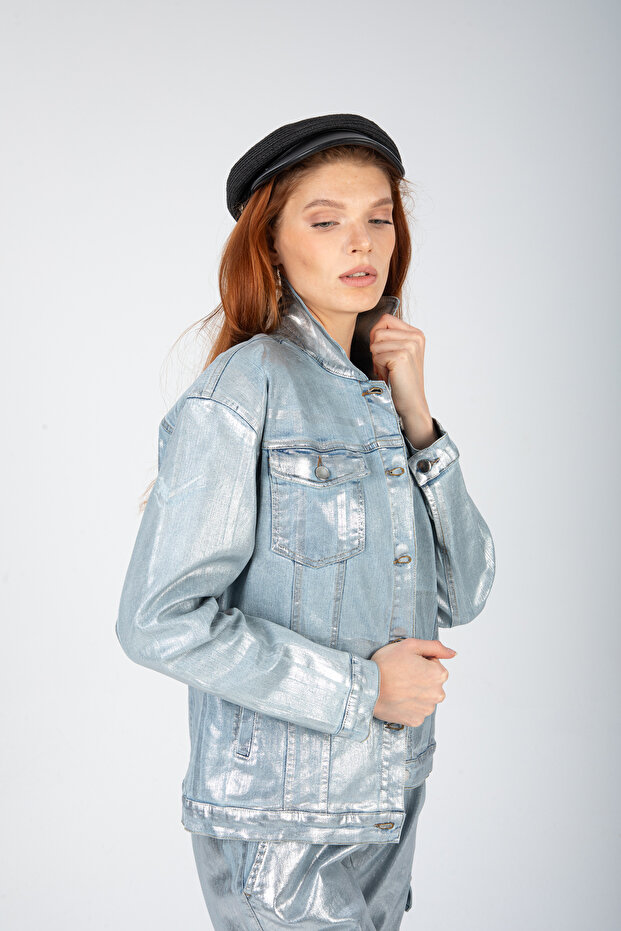 Varak baskılı denim ceket - 5