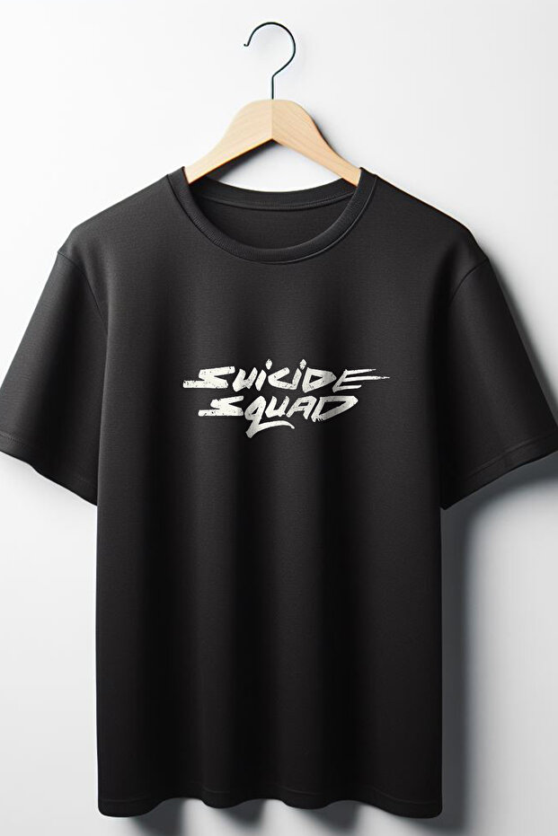 Suicide Squad Letter Printed Oversize Wide Fit Unisex Crewneck Black Tshirt