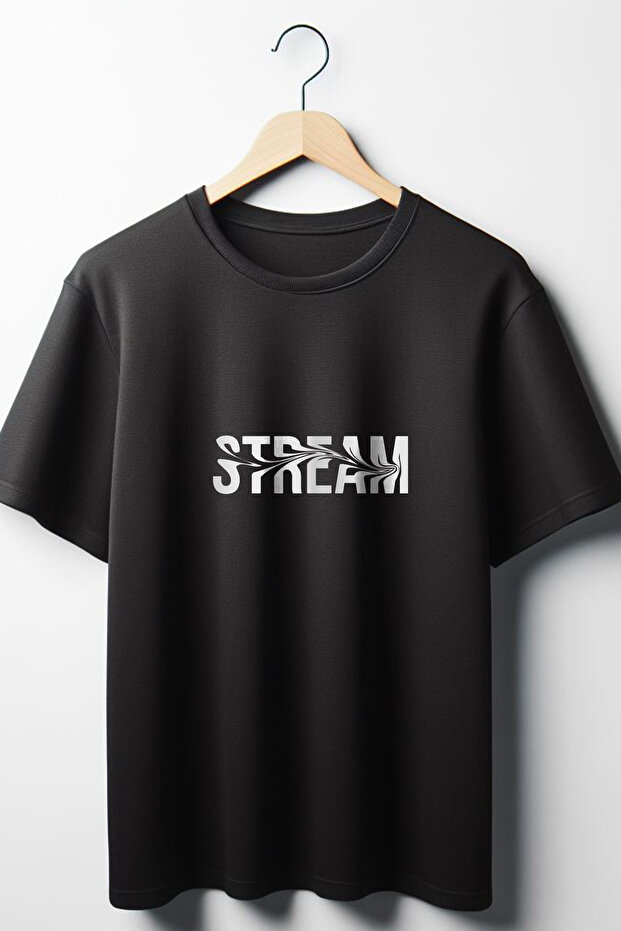 Stream Text Printed Oversize Wide Mold Unisex Crew Neck Black Tshirt