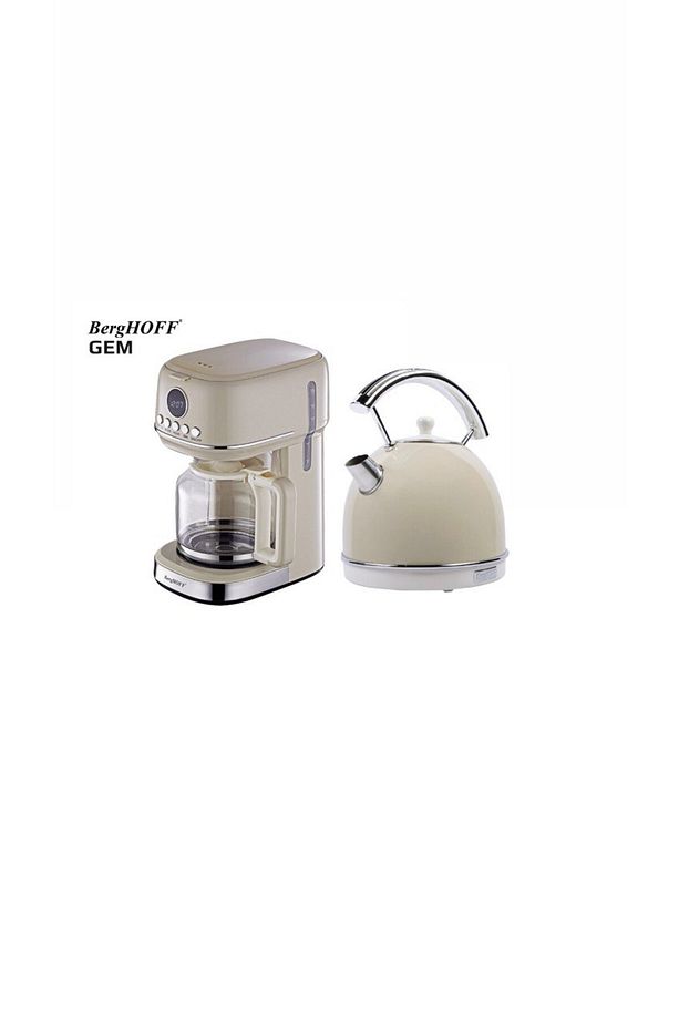 GEM RETRO 15 Bardak Filtre Kahve Makinesi ve RETRO Krem Rengi Yuvarlak Su Isıtıcısı Kettle Seti - 1