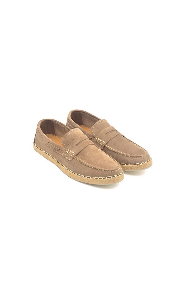 Bej Süet Deri Loafer Hasır Taban Erkek Espadril - 2